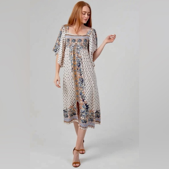 Angie Boho Floral Smocked bust kimono sleeves midi dress center slit - Picture 2 of 5